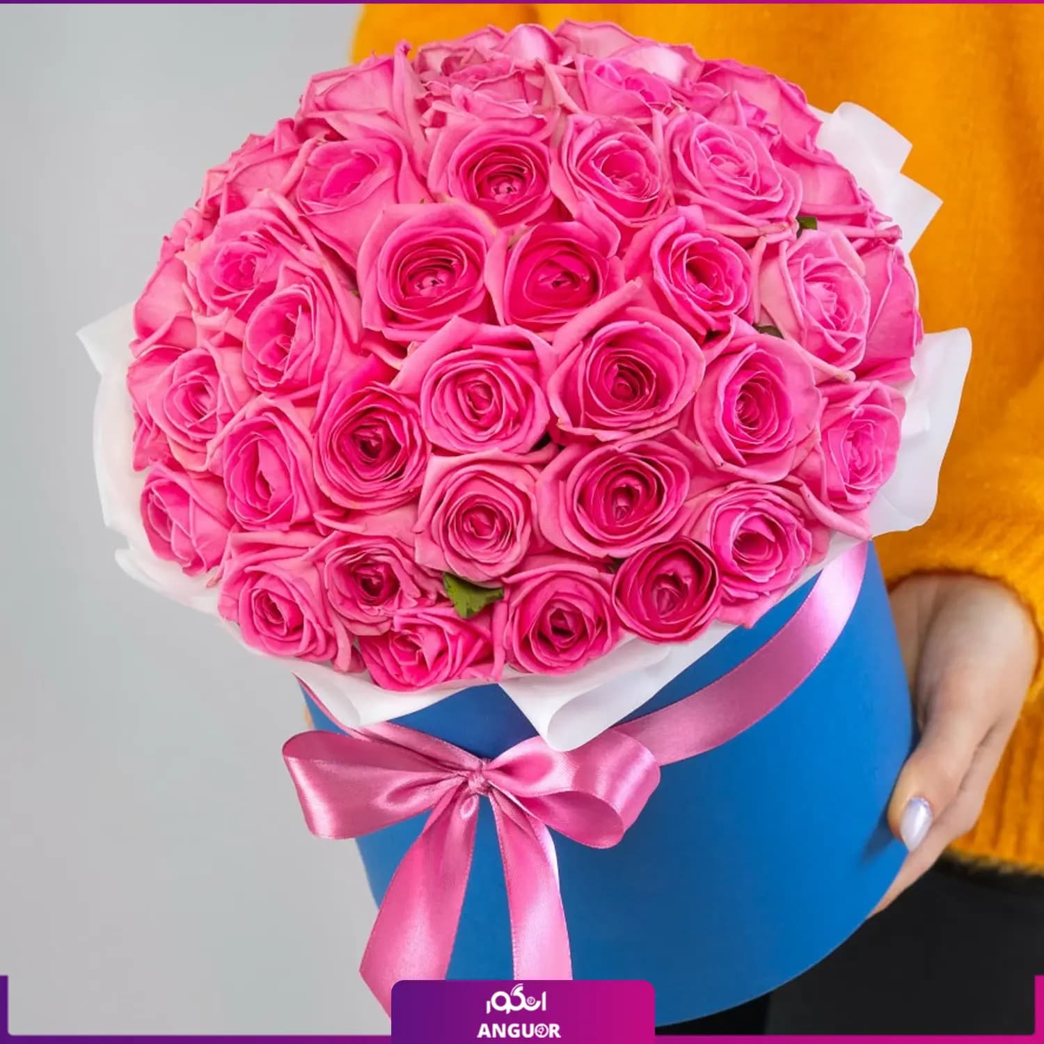 باکس گل رز صورتی 41 شاخه با باکس آبی