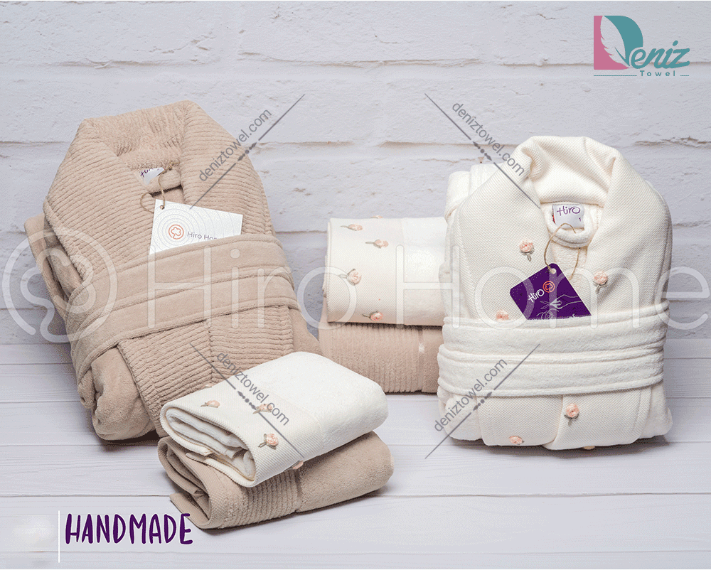 حوله ست دو نفره HANDMADE رنگ شیری و کرم تیره