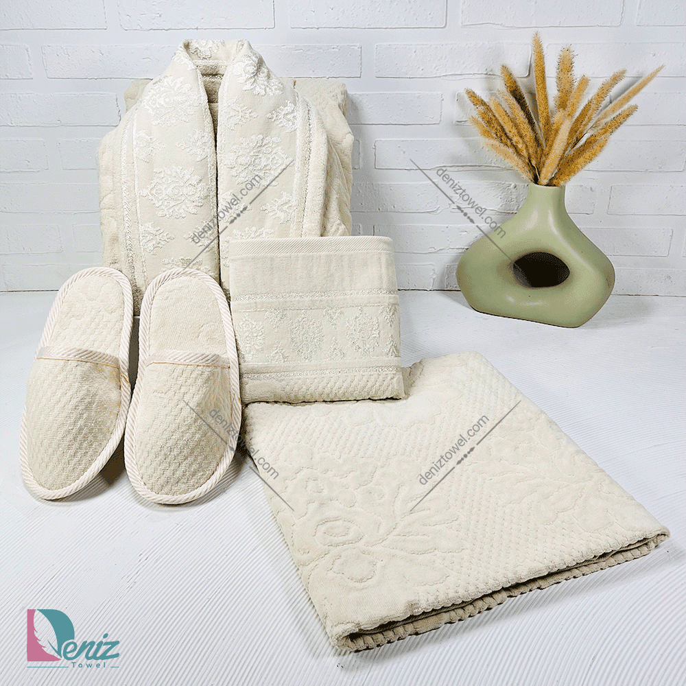 حوله ست یک نفره ژاکارد رنگ کرم — تصویر ۲