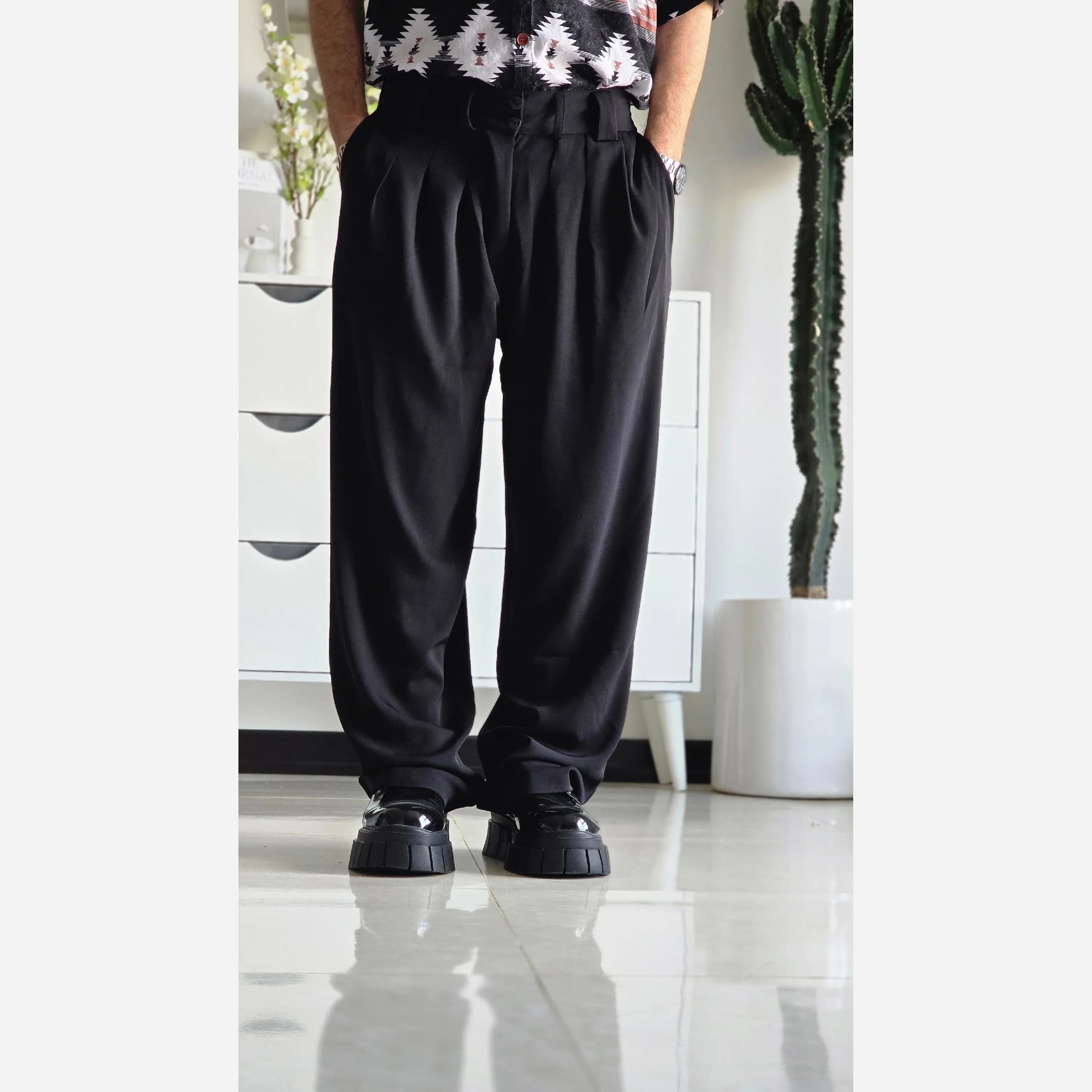 شلوار بگ پارچه ای زنانه مدل پیله دار جنس کاترین رنگ مشکی سایز L تا 3XL — تصویر ۵
