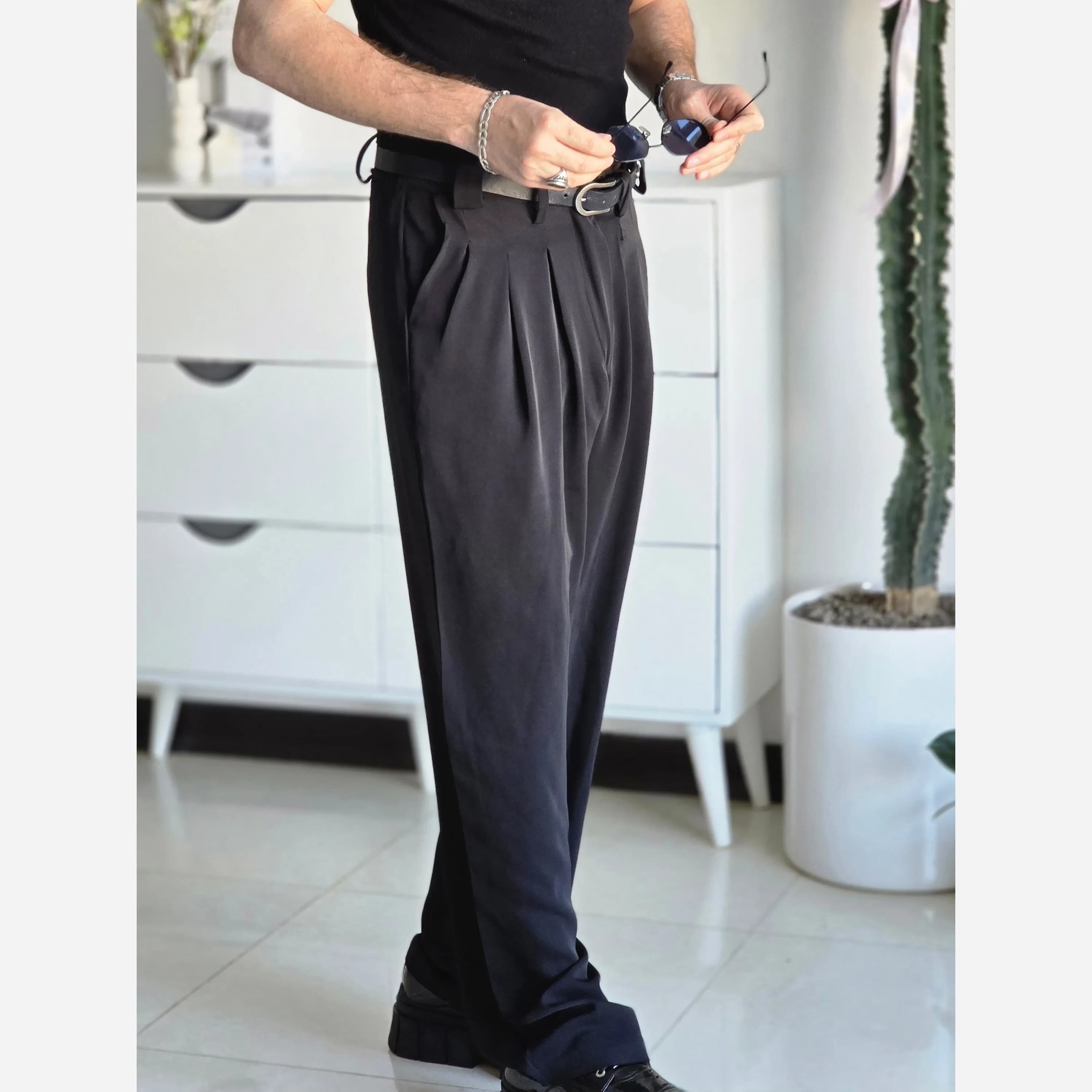 شلوار بگ پارچه ای زنانه مدل پیله دار جنس کاترین رنگ مشکی سایز L تا 3XL — تصویر ۹