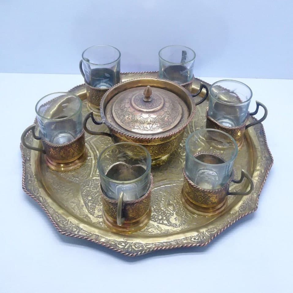 ست سینی و انگاره قلمکاری برنجی کاملا سالم فوق العاده زیبا و قدیمی تمام کار دست حدود ۷۰ سال قدمت قطر سینی ۳۳