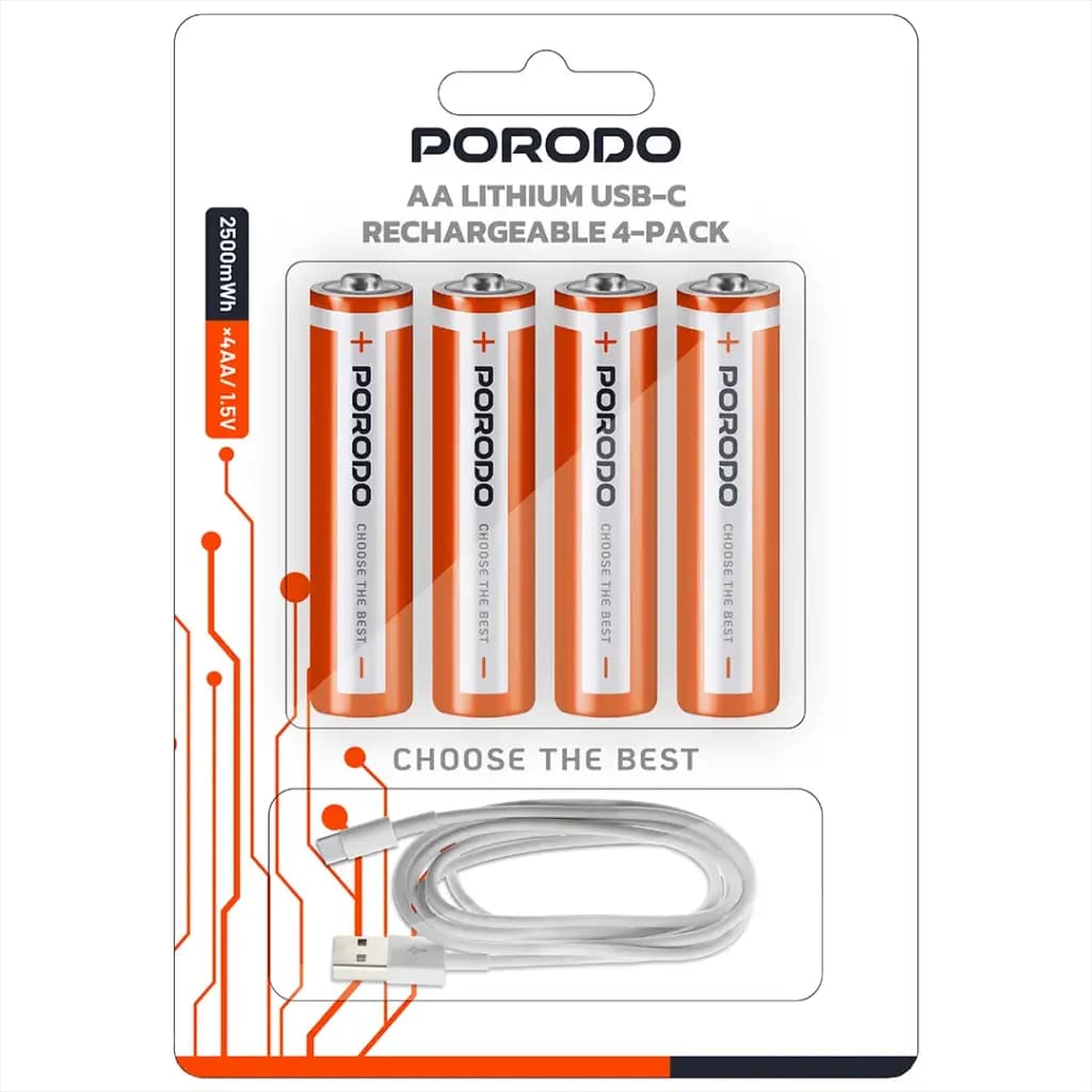 باتری قلمی قابل شارژ AA Porodo USB‑C مدل PDAA25RB