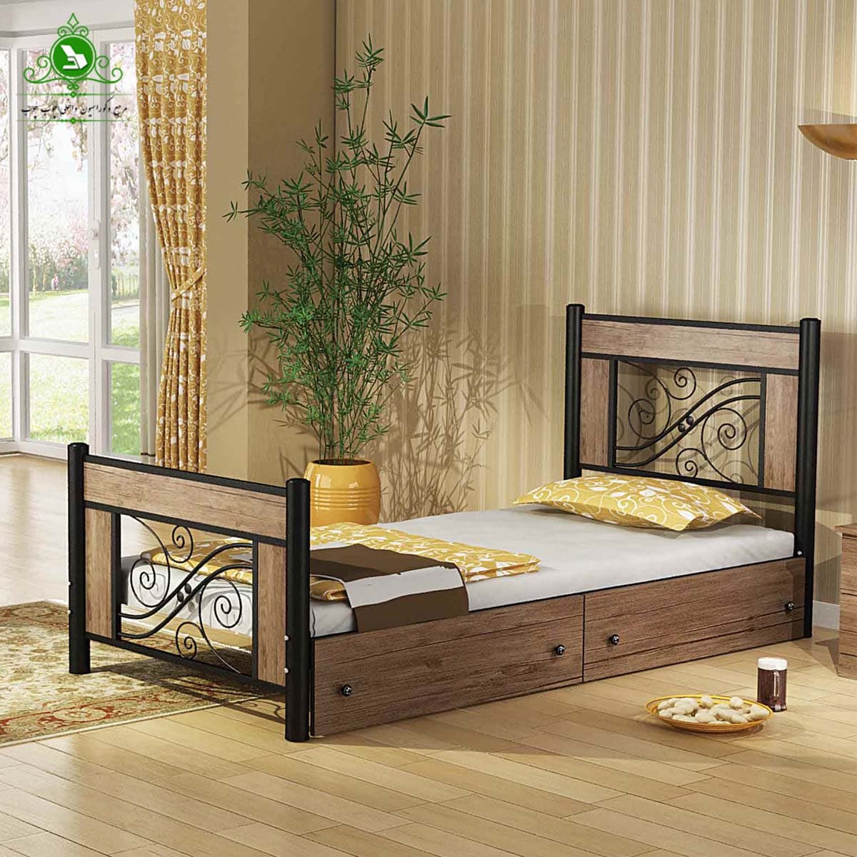 تخت خواب یک نفره چوب و فلز مدل ملودی — تصویر ۲