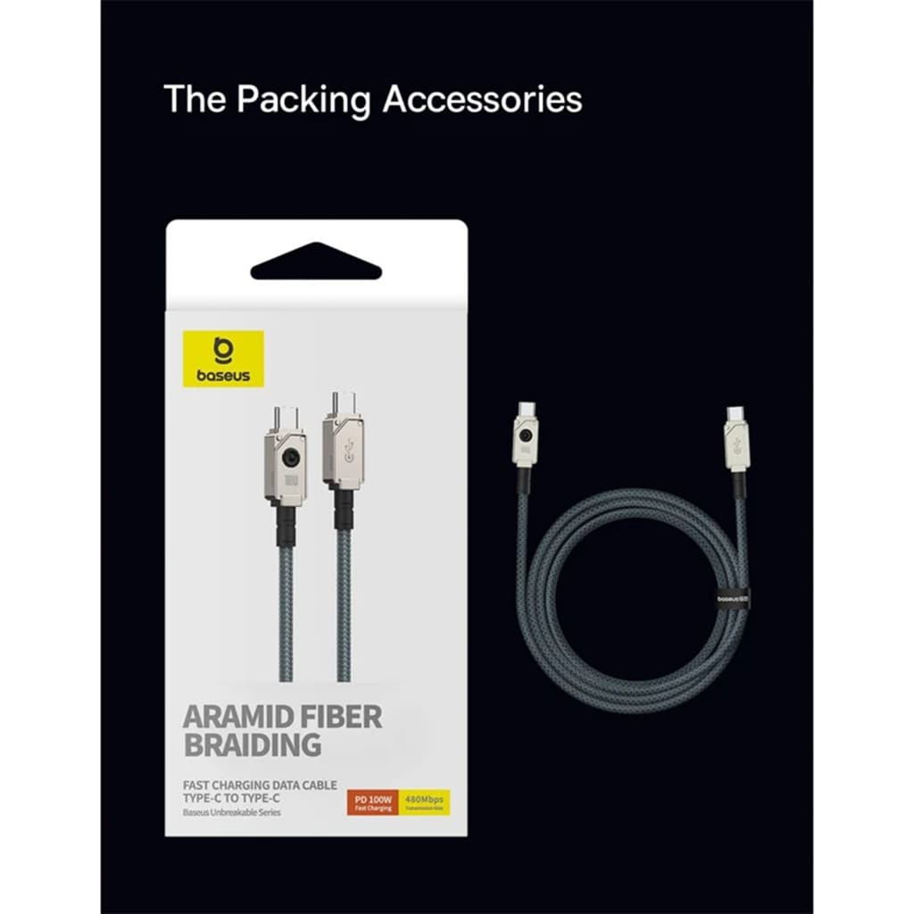کابل TYPE-C بیسوس مدل BASEUS ARAMID FIBER BRAIDING 100W به طول 1 متر رنگ مشکی — تصویر ۵
