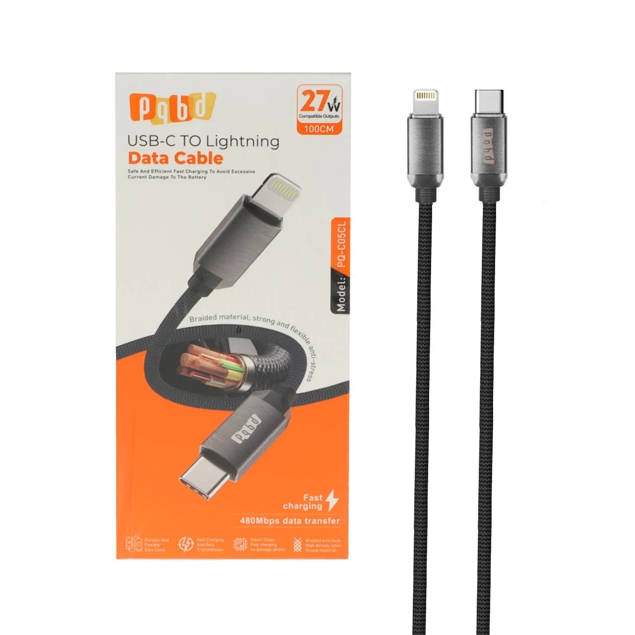 کابل شارژ فست pqbd Type-C To Lightning مدل PQ-C05CL 27W – مشکی