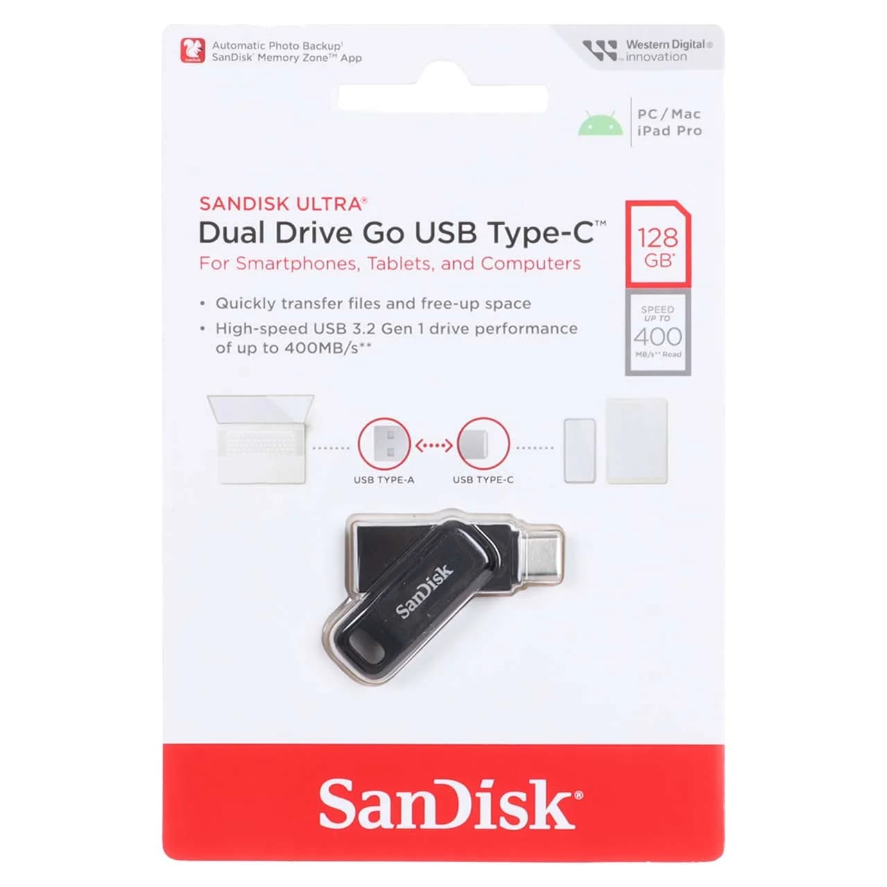 SanDisk Ultra Dual Drive Go USB Type-C USB3.2 Flash Memory – 128GB – (گارانتی سورین) مشکی
