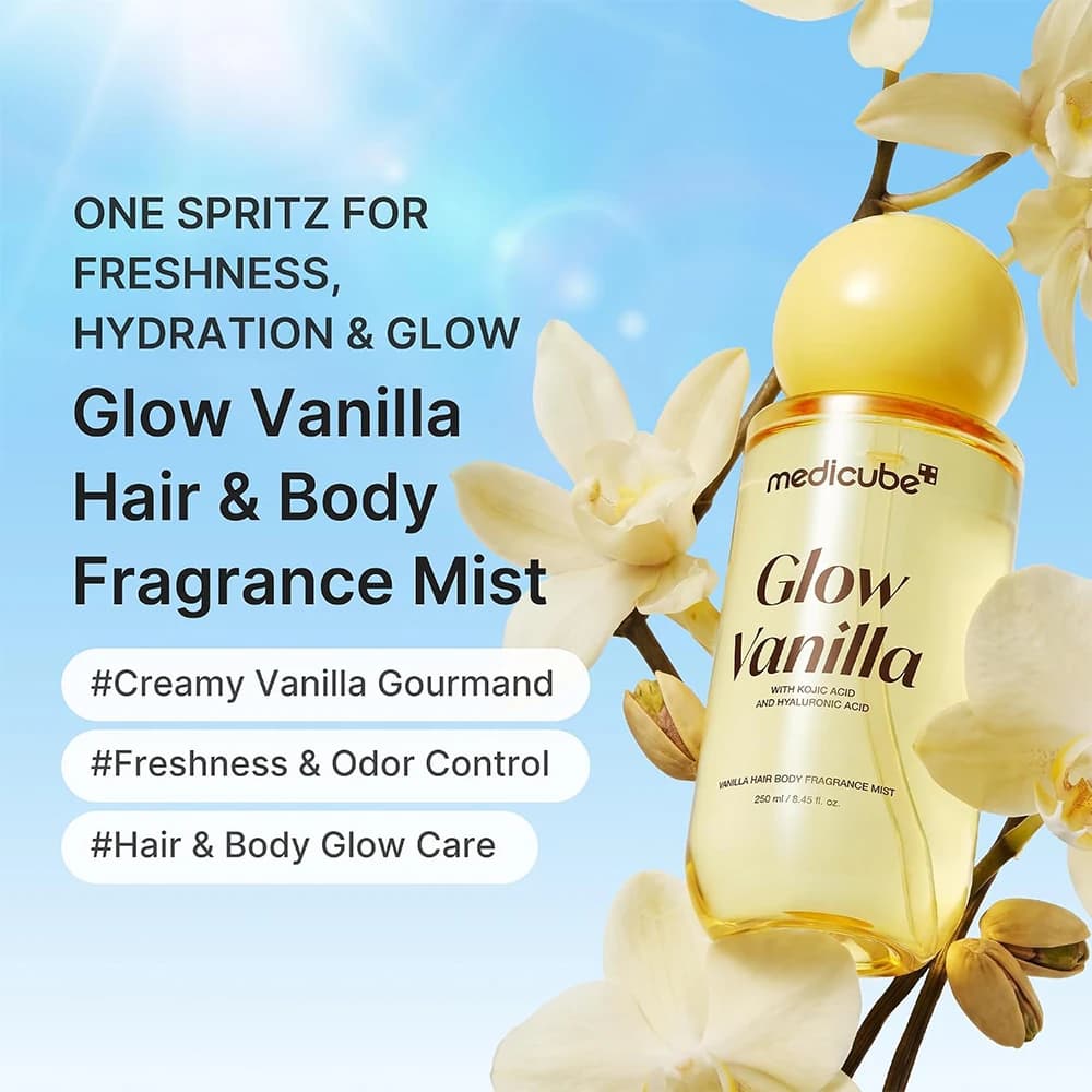 میست خوشبوکننده مو و بدن مدی کیوب مدل GLOW VANILLA رایحه وانیل حاوی کوجیک اسید و هیالورونیک اسید حجم 100 میلی‌لیتر — تصویر ۳