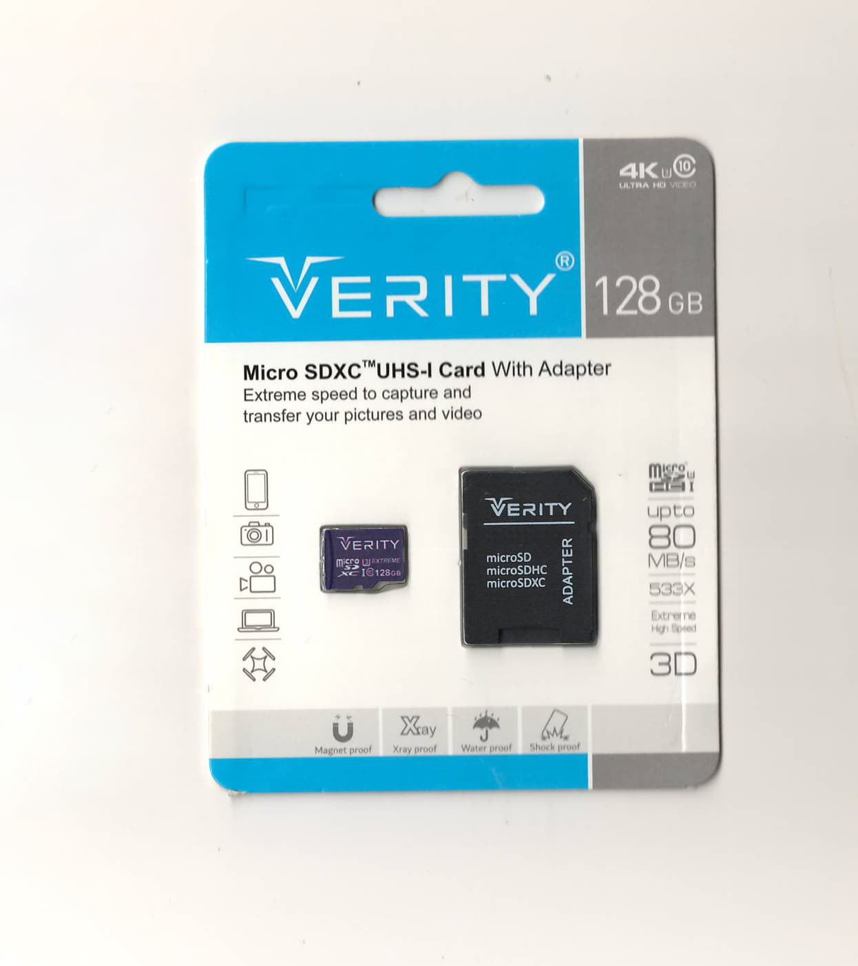 کارت حافظه microSDXC وریتی مدل 4K کلاس 10 استاندارد UHS-I U3 سرعت 80MBps ظرفیت 128 گیگابایت به همراه آداپتور SD