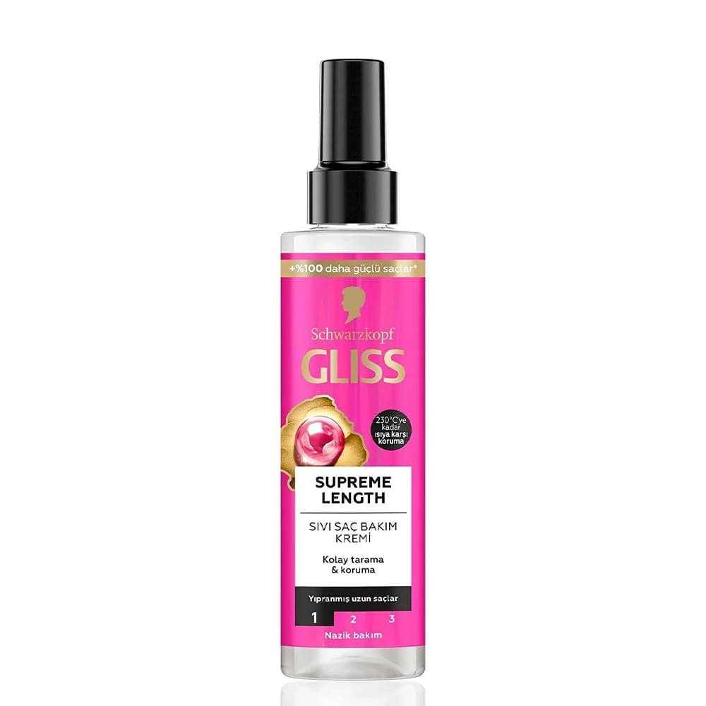 اسپری دوفاز مو گلیس مدل SUPREME LENGTH حاوی بیوتین و عصاره گل صدتومانی مناسب موهای بلند حجم 200 میلی‌لیتر