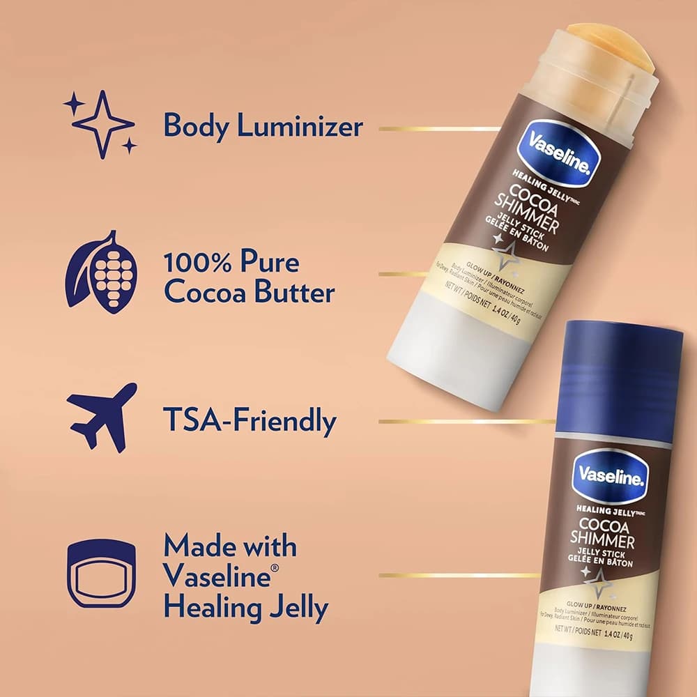 شیمر استیکی براق و درخشان‌کننده صورت و بدن وازلین مدل COCOA SHIMMER وزن 40 گرم — تصویر ۵