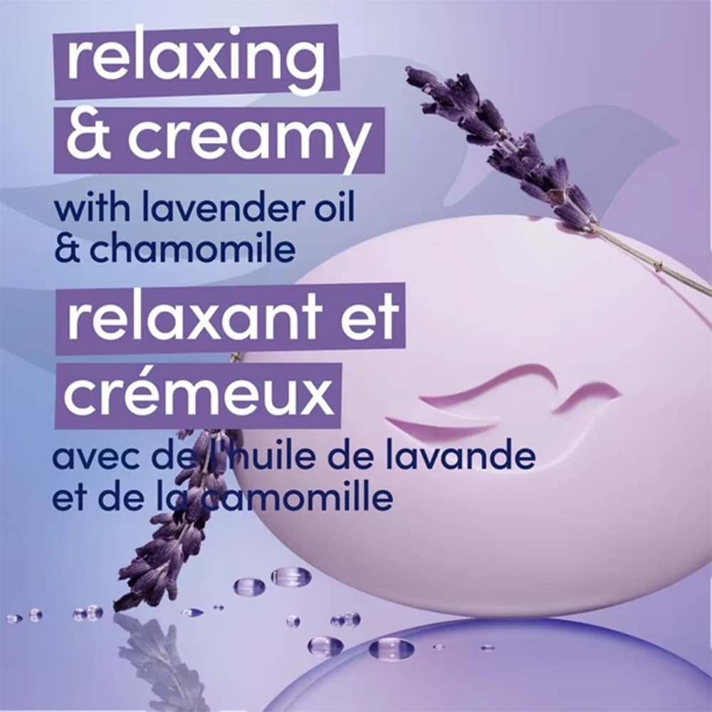 صابون مرطوب‌کننده داو کانادا مدل relaxing رایحه روغن لوندر و بابونه وزن 106 گرم — تصویر ۳