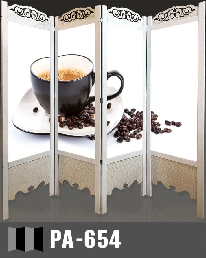 پارتیشن متحرک ۴ لنگه سفید طرح فنجان قهوه و دانههای قهوه (کد PA-654)