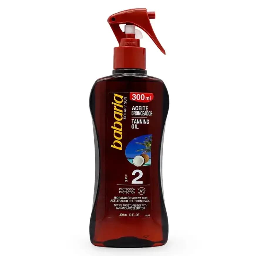 روغن برنزه کننده اسپری باباریا عصاره نارگیل ۳۰۰ میل Babaria Coconut SPF2 Tanning Oil — تصویر ۴