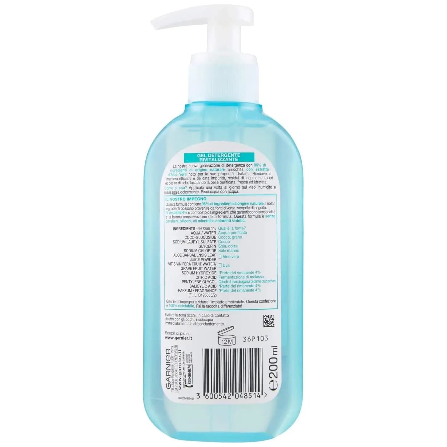 ژل شستشو و احیا کننده پوست صورت آلوئه ورا گارنیه (گارنیر) فرانسوی 200 میل Garnier skin active gel detergente rivitalizzante aloe — تصویر ۶