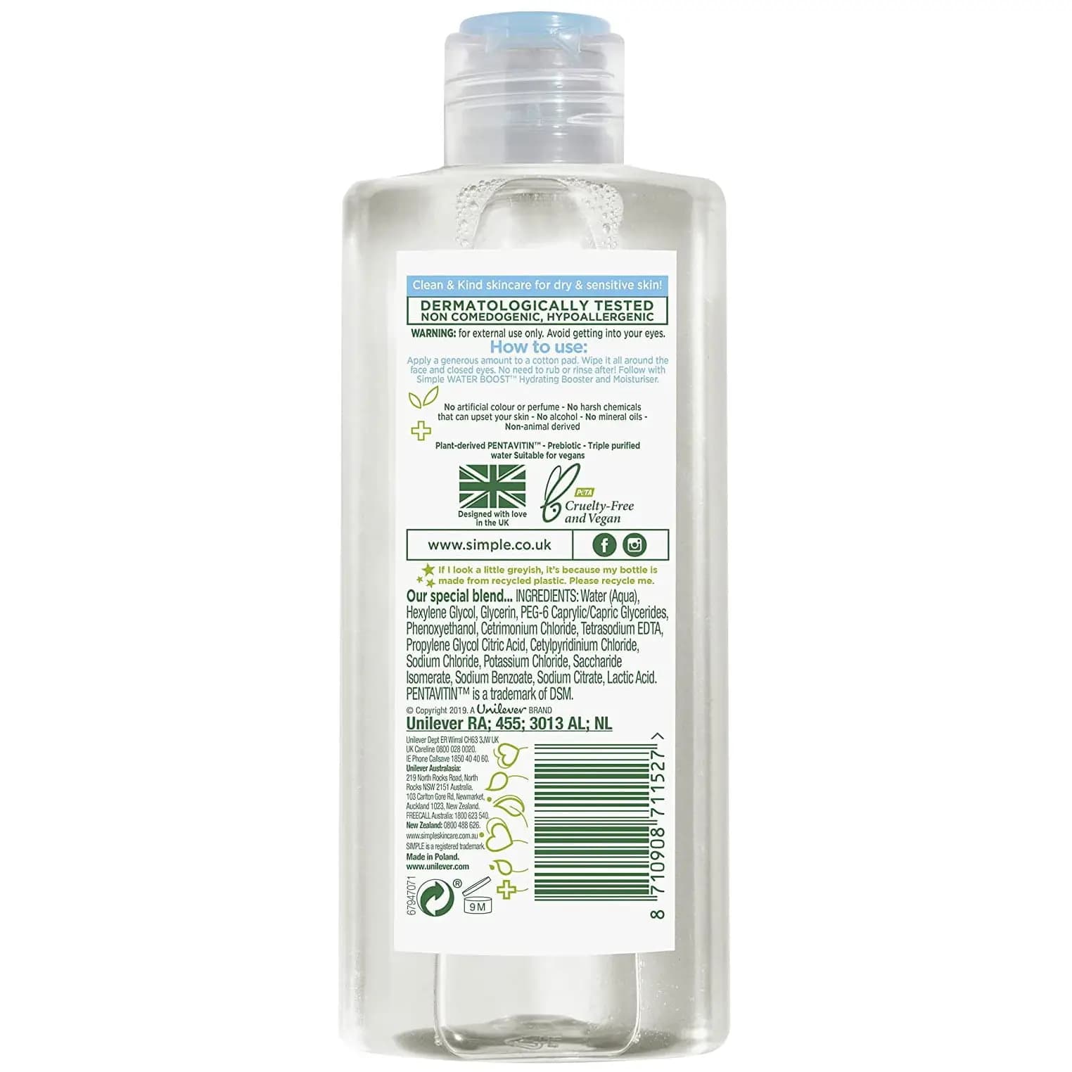 پاک کننده (میسلار واتر) پوست حساس و خشک سیمپل واتر بوست 200 میل Simple Water Boost Micellar Cleaning Water — تصویر ۳