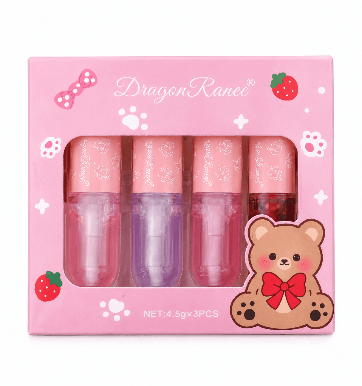 پک رژ تینت لب کپسولی خرس و توت‌ فرنگی dragon ranee مجموعه 3 عددی