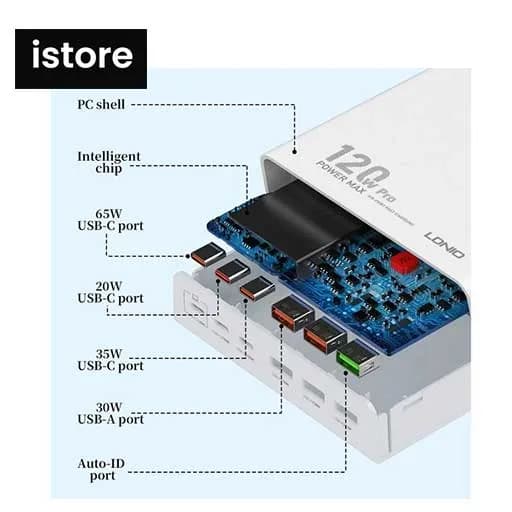شارژر رومیزی 6 پورت الدینیو مدل LDNIO Q605 فست شارژ 120 وات نو باگارانتی | LDNIO 120W Multi-ports Desktop Charging Station Q605 — تصویر ۵