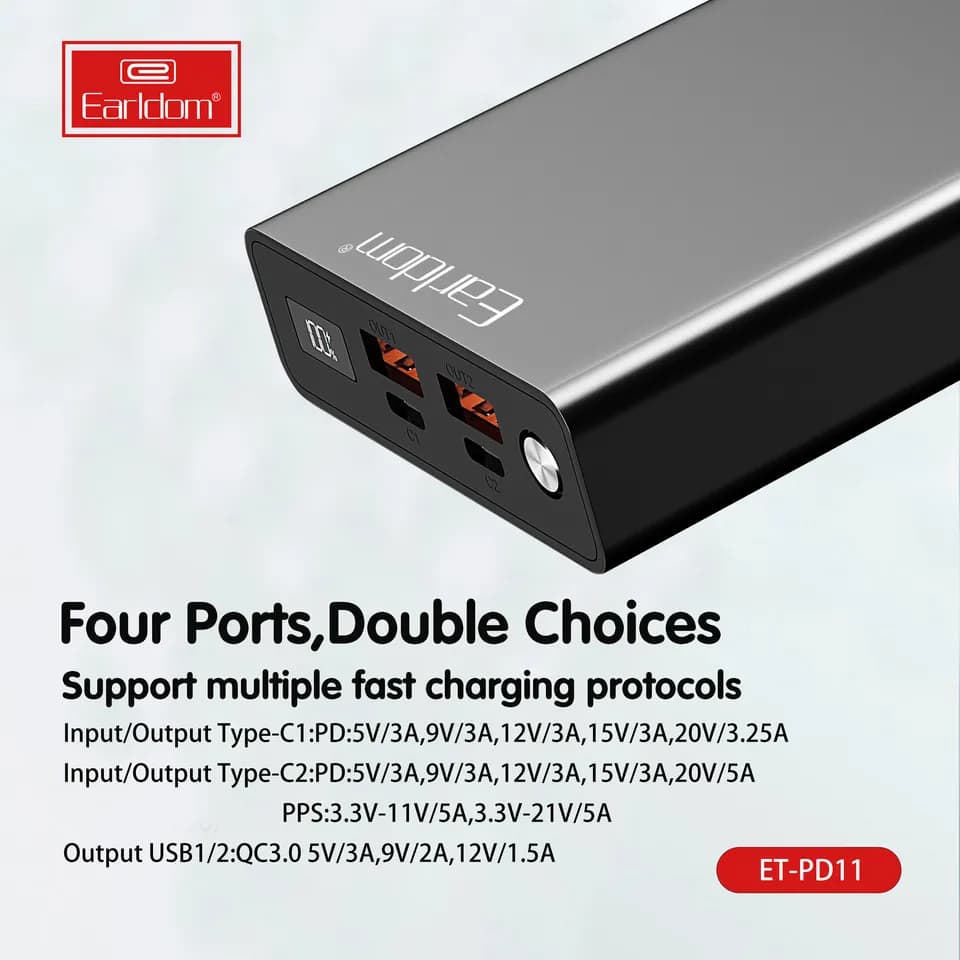 پاور بانک فست شارژ ارلدام مدل Earldom PowerBank ET-PD11 با ظرفیت 20000mAh و توان 100W — تصویر ۱۲