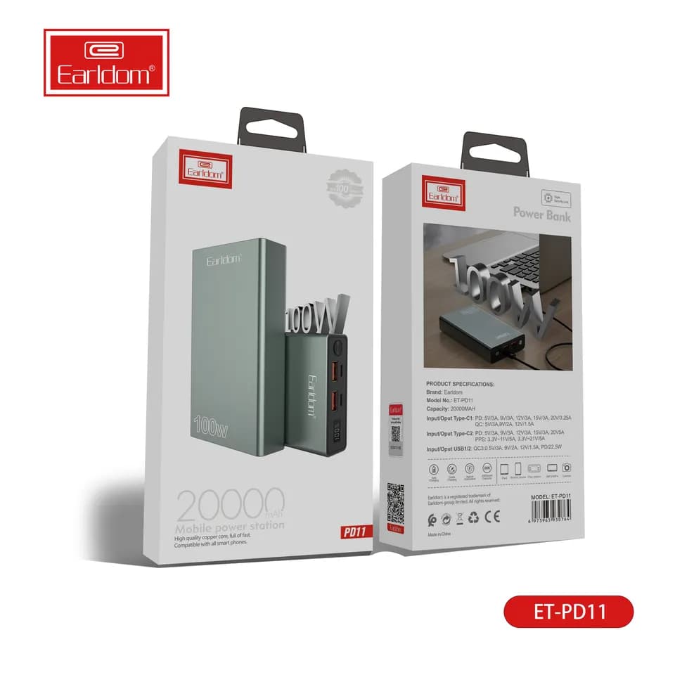 پاور بانک فست شارژ ارلدام مدل Earldom PowerBank ET-PD11 با ظرفیت 20000mAh و توان 100W — تصویر ۷