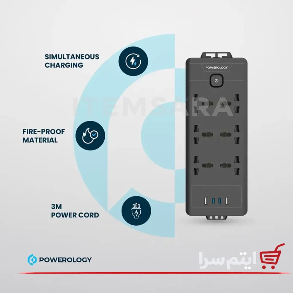 چندراهی برق پاورولوژی PWCUQC034 طول کابل 3 متر و 6 پریز — تصویر ۱۲