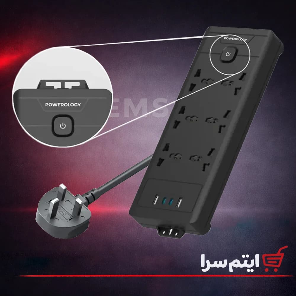 چندراهی برق پاورولوژی PWCUQC034 طول کابل 3 متر و 6 پریز — تصویر ۳