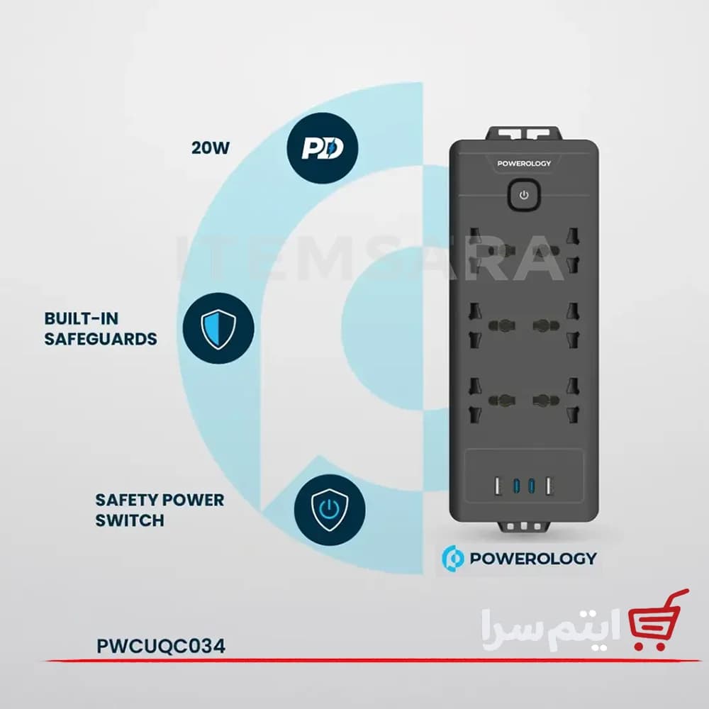 چندراهی برق پاورولوژی PWCUQC034 طول کابل 3 متر و 6 پریز — تصویر ۶
