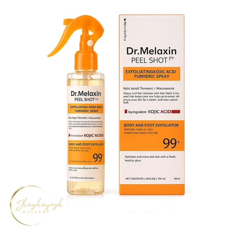 اسپری لایه‌بردار و روشن‌کننده بدن کوجیک اسید دکتر ملاکسین حجم ۲۰۰ میل Dr. Melaxin Peel Shot PS Exfoliating Kojic Acid Turmeric Spray 200ml — تصویر ۲