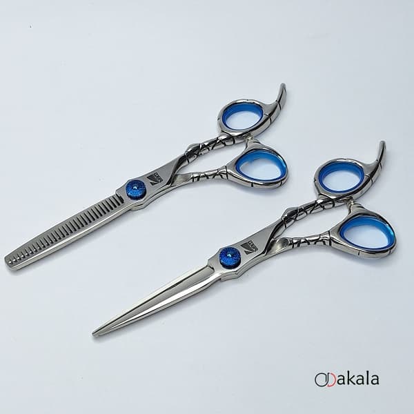 ست قیچی آرایشگری صیام فینی مدل A-B60-22 قدرتی 6 اینچ نقره ای تم آبی