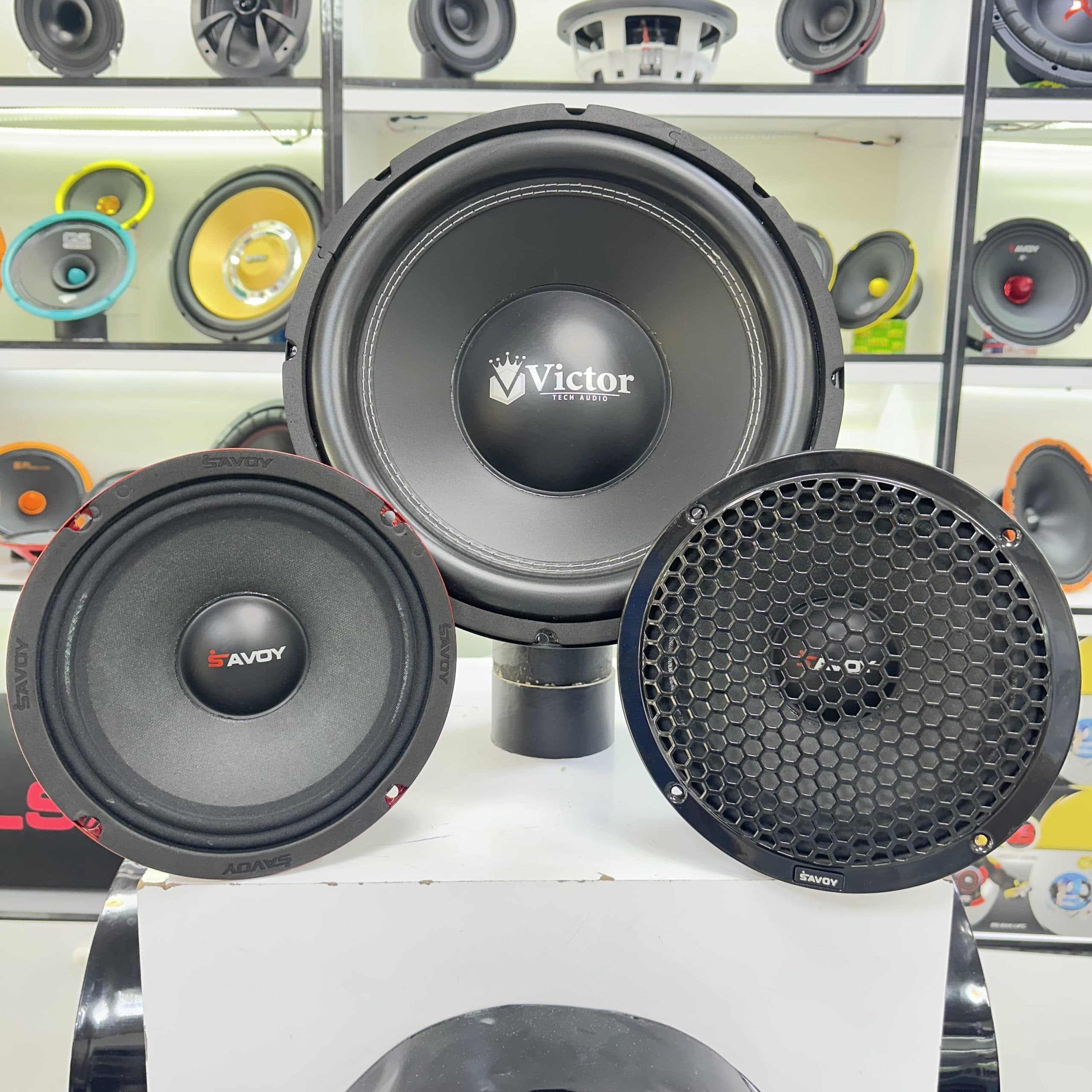 پک سیستم صوتی برند ویکتور و ساووی 1 عدد ساب ووفر 250RMS ویکتور + دو عدد میدرنج سایز 8 ساووی مدل PRO