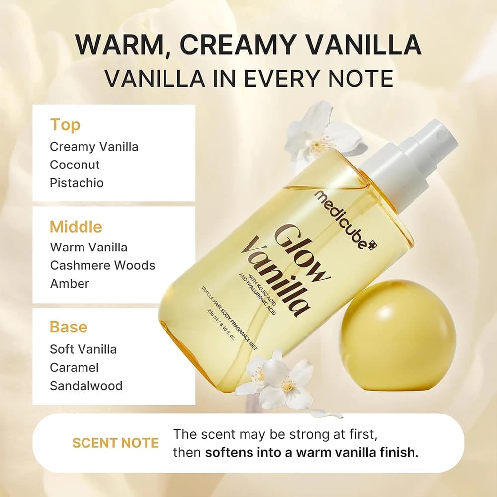 میست خوشبوکننده مو و بدن مدی کیوب مدل GLOW VANILLA رایحه وانیل حاوی کوجیک اسید و هیالورونیک اسید حجم 250 میلی‌لیتر — تصویر ۷