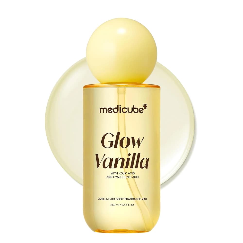میست خوشبوکننده مو و بدن مدی کیوب مدل GLOW VANILLA رایحه وانیل حاوی کوجیک اسید و هیالورونیک اسید حجم 250 میلی‌لیتر