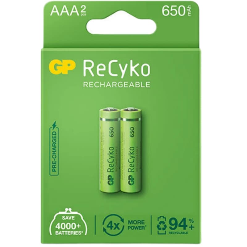باتری نیم قلمی قابل شارژ جی پی مدل Rechargeable Recyko 650 بسته دو عددی — تصویر ۴
