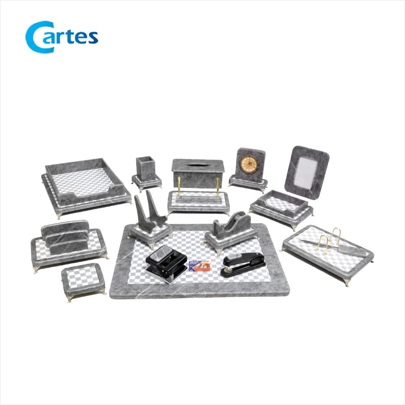ست رومیزی مدیریتی 17 پارچه چوب و چرم کد 917p طوسی