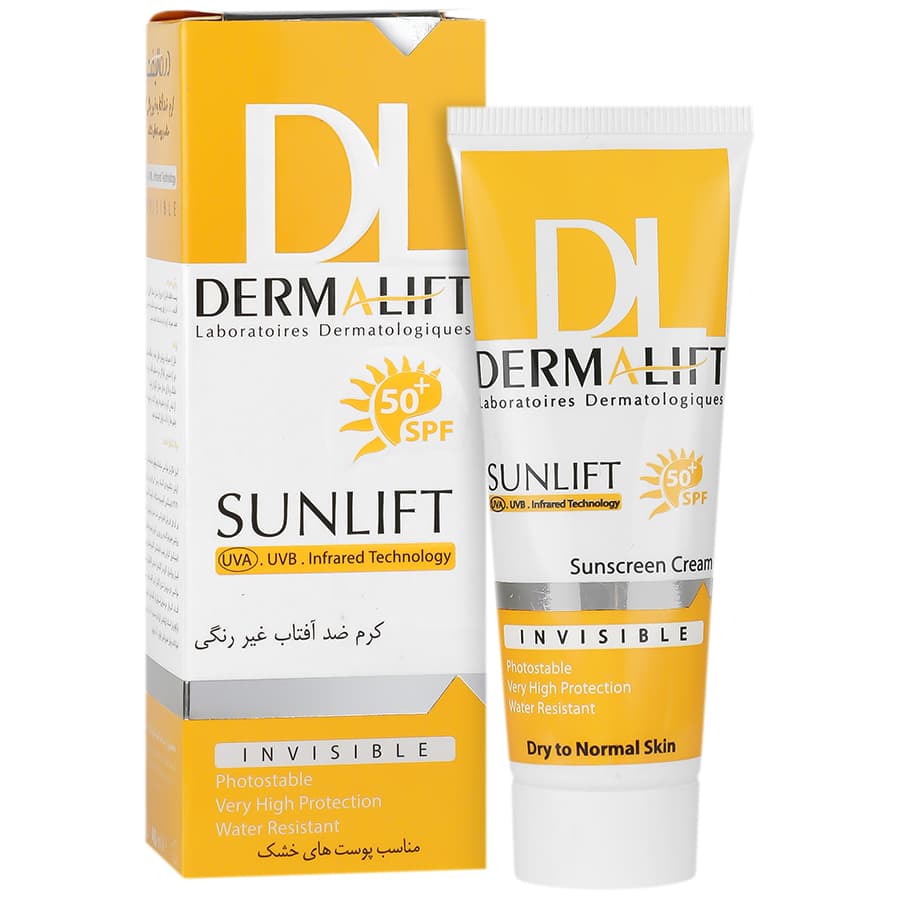 (بی رنگ) کرم ضد آفتاب درمالیفت با SPF50 مناسب پوست خشک و معمولی حجم 40 میلی