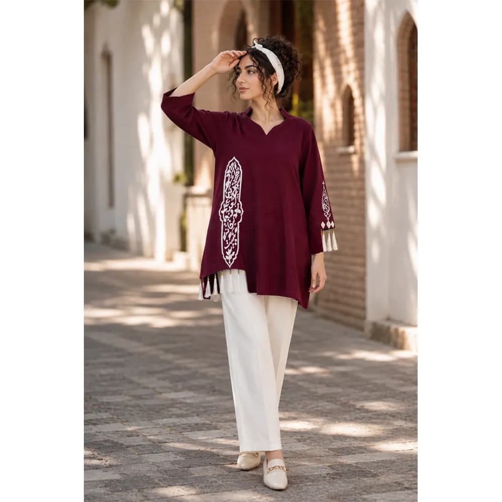 شومیز لینن زنانه طرح کعبه و بتخانه کد 23460 — تصویر ۲