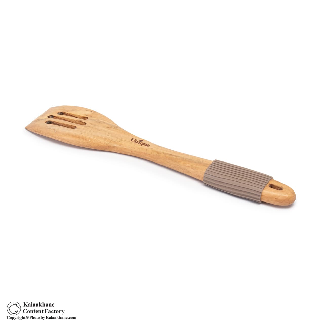کفگیر تخت شیاردار چوبی یونیک دسته سیلیکونی مدل 1110 — تصویر ۶