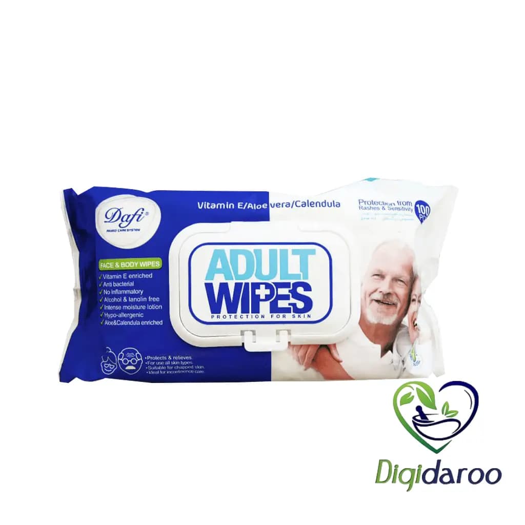 دستمال مرطوب دست، صورت و بدن بزرگسالان (ADULT WIPES) دافی 100 عددی — تصویر ۲
