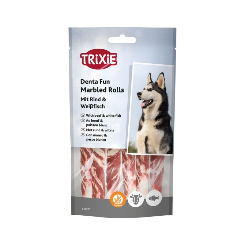 تشویقی دنتال سگ تریکسی مدل Denta Fun Marbled Rolls با طعم گوشت و ماهی وزن 70 گرم
