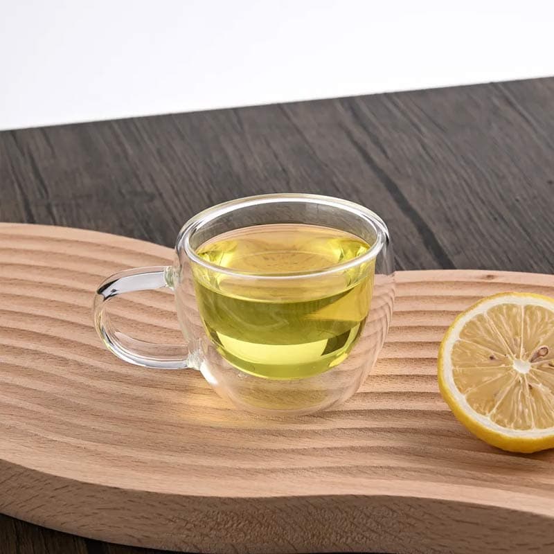 شات قهوه خوری دوجداره پیرکس دسته دار با زیره چوبی — تصویر ۵