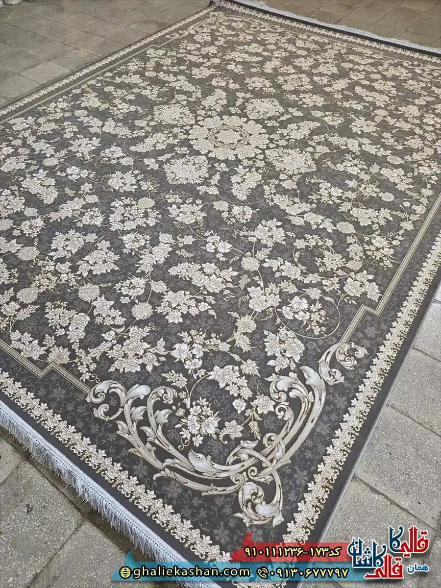 فرش طلاکوب 1200 شانه طرح افشان گندم رنگ طوسی 2 گل برجسته کاشان — تصویر ۴