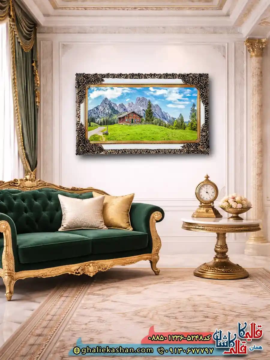 تابلو فرش منظره ماشینی طرح کلبه ای در کوهستان 5248