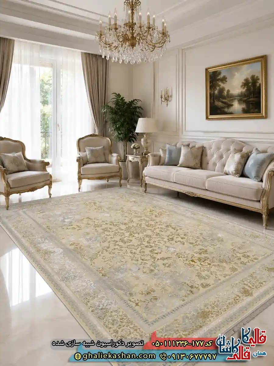 فرش وینتیج 1200 شانه طرح افشان شمس رنگ بژ حاشیه آبی گل برجسته کاشان