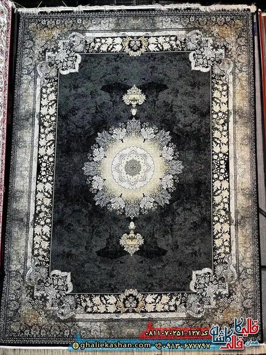 فرش طلاکوب وینتیج 700 شانه طرح شاهکار رنگ طوسی دلفینی سرمه ای کاشان