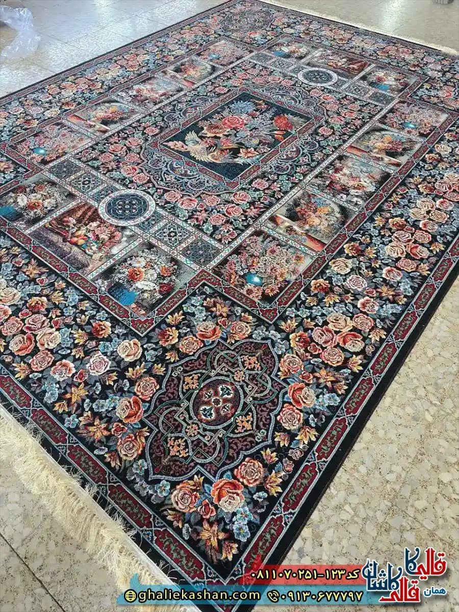 فرش کلاسیک 700 شانه خشتی طرح باغ ارم رنگ سرمه ای مشکی کاشان