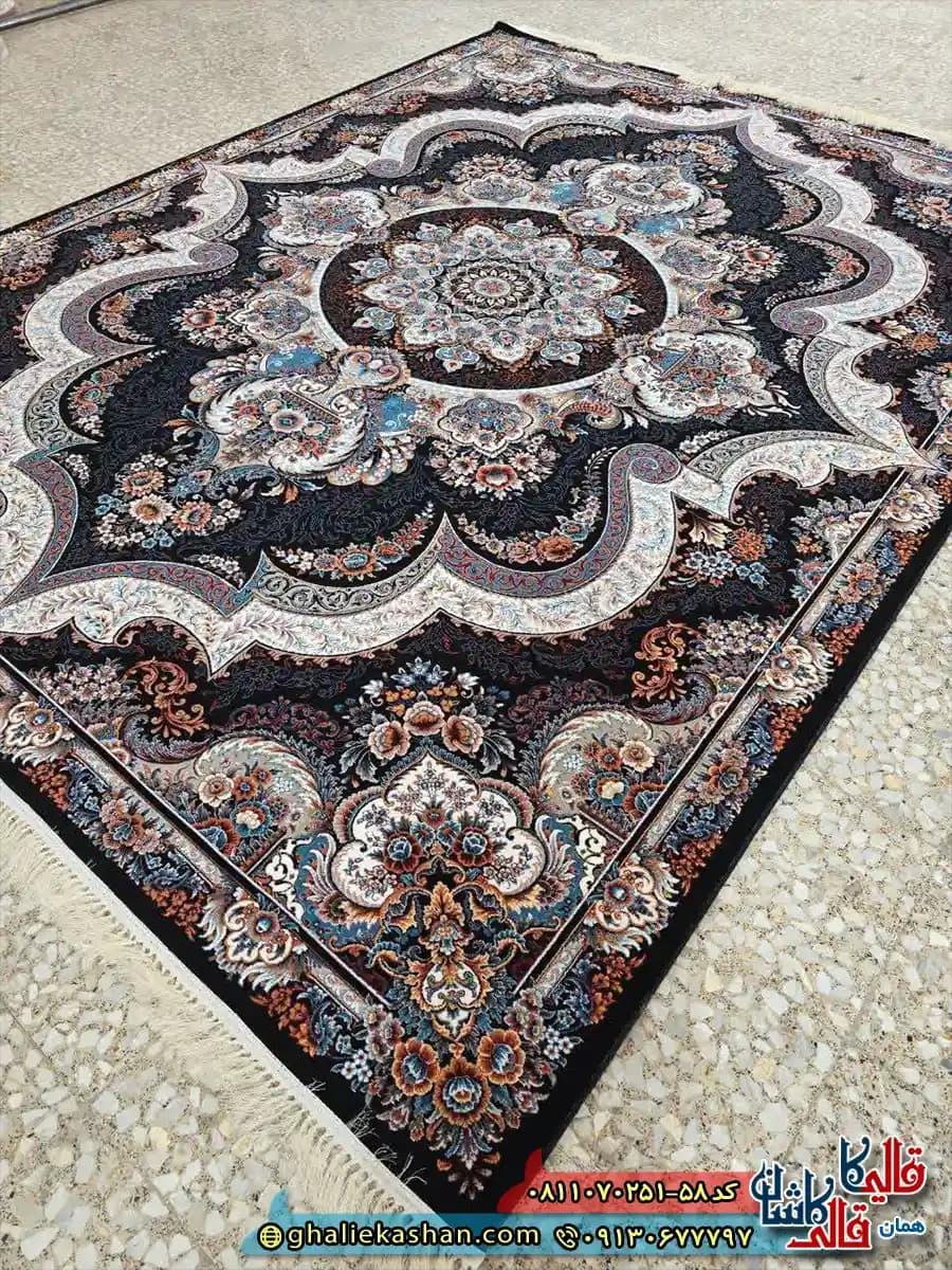 فرش کلاسیک 700 شانه طرح شهیاد رنگ سرمه ای مشکی کاشان