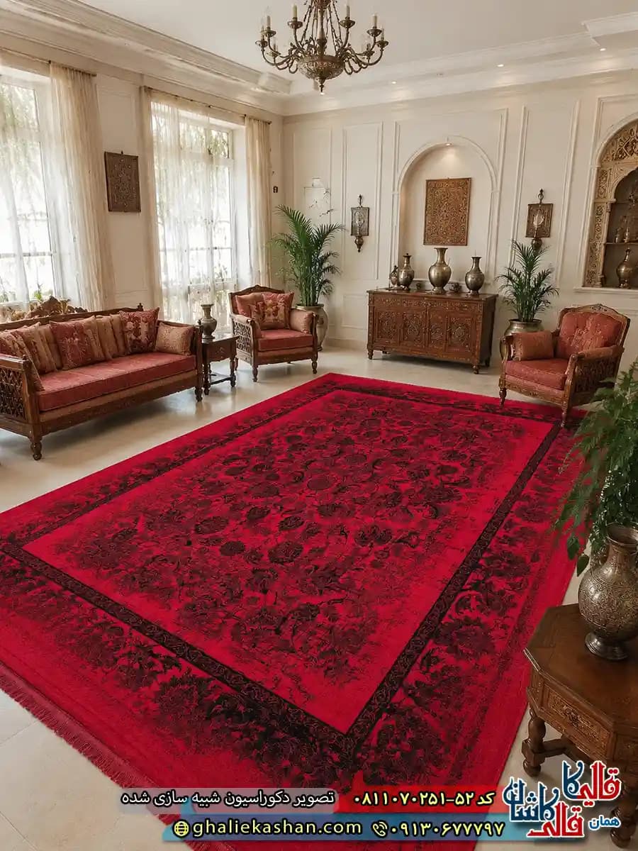 فرش وینتیج سنتی 700 شانه طرح افشان بلوچ رنگ قرمز مشکی کاشان — تصویر ۳