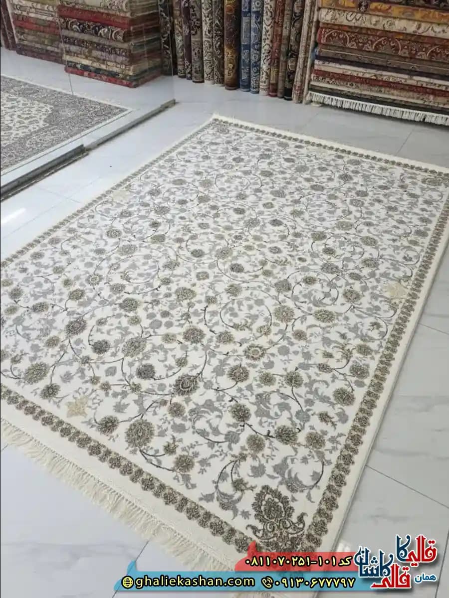 فرش طلاکوب 700 شانه طرح افشان لنا رنگ کرم سفید کاشان