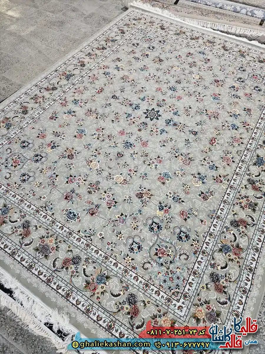 فرش کلاسیک 700 شانه طرح افشان گیلدا رنگ طوسی فیلی حاشیه فیلی کاشان