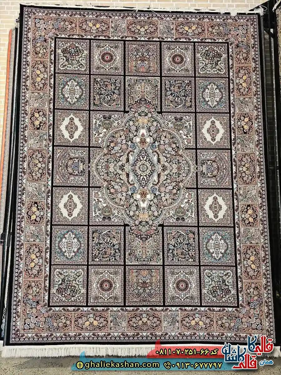 فرش کلاسیک 700 شانه خشتی طرح کژال رنگ سرمه ای مشکی کاشان